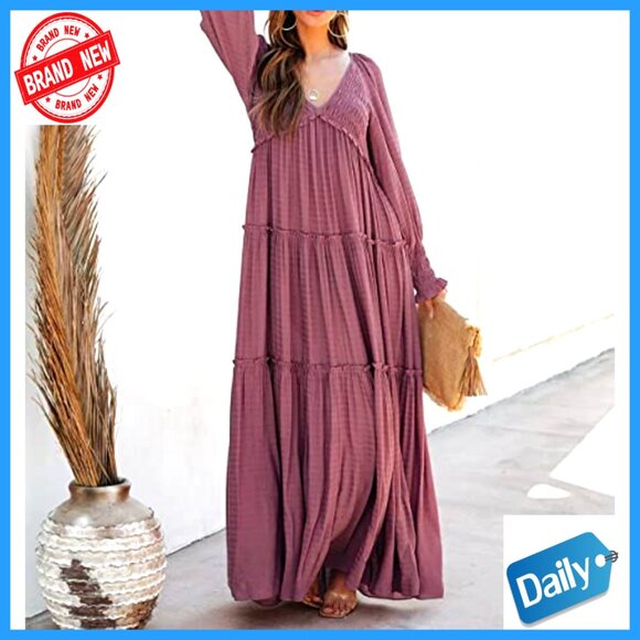 Long Sleeve V Neck Maxi Dress Empire Waist Flowy Boho Casual - Picture 2 of 7